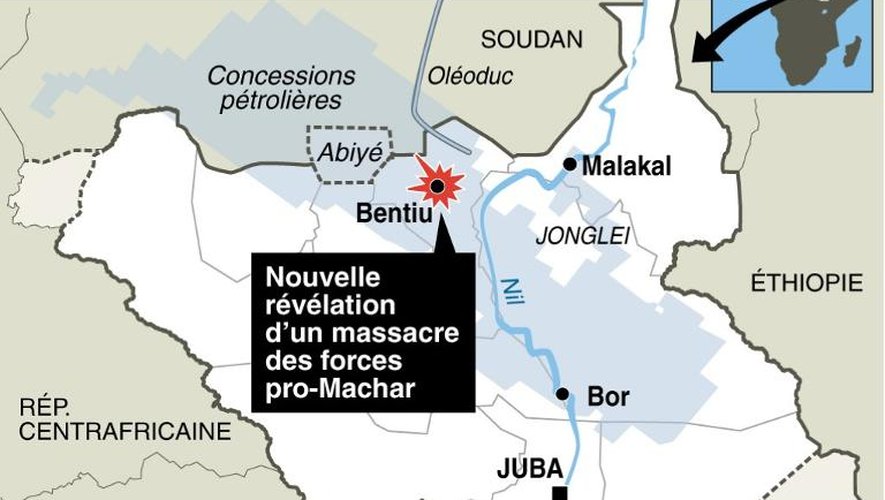 Carte localisant Bentiu, où un massacre des forces pro-Machar a fait de plus de 200 victimes