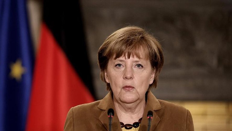 La chancelière allemande Angela Merkel lors d'une conférence de presse à Athènes le 11 avril 2014
