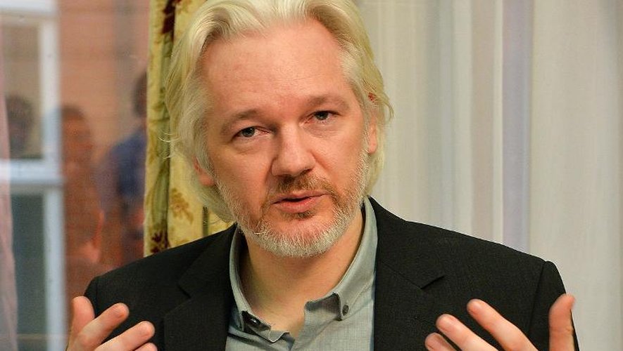 Julian Assange lors d'une conférence de presse le 18 août 2014 à l'ambassade de l'Equateur à Londres