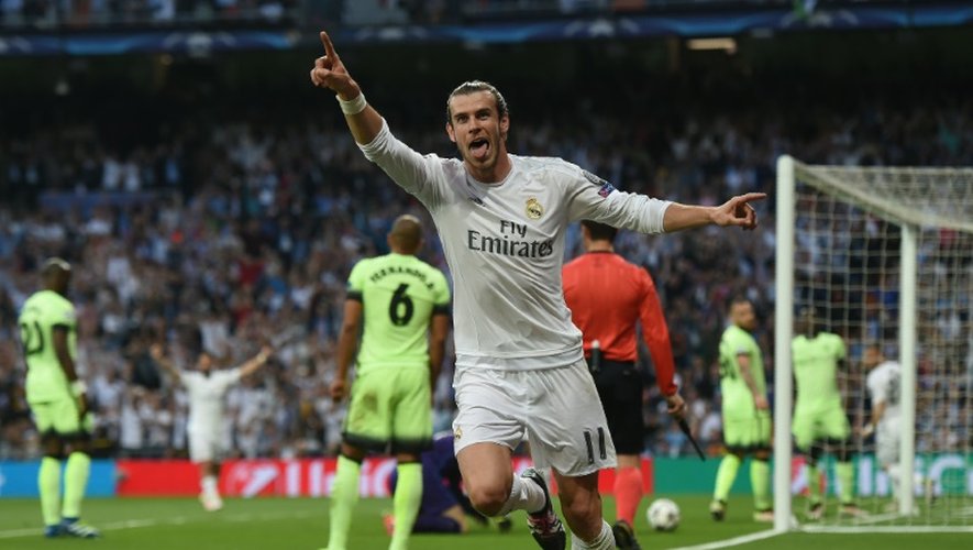L'attaquant du Real Madrid Gareth Bale impliqué sur le but de son équipe face à Manchester City en Ligue des champions à Bernabeu, le 4 mai 2016