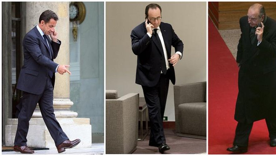 Montage photos réalisé le 23 juin 2015 à Paris montrant les trois derniers présidents français, Nicolas Sarkozy (g), François Hollande (c) et Jacques Chirac (d)