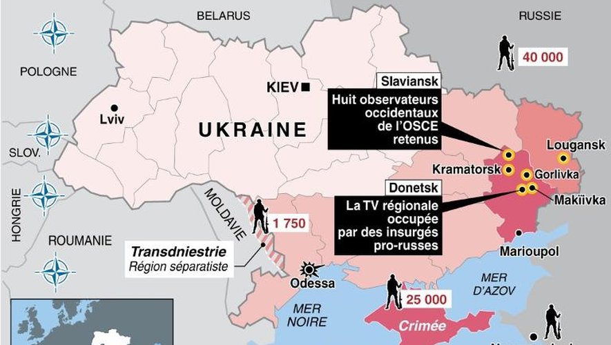 Carte de l'Ukraine avec la localisation de la détention des observateurs de l'OSCE et occupation de la TV à Donetsk