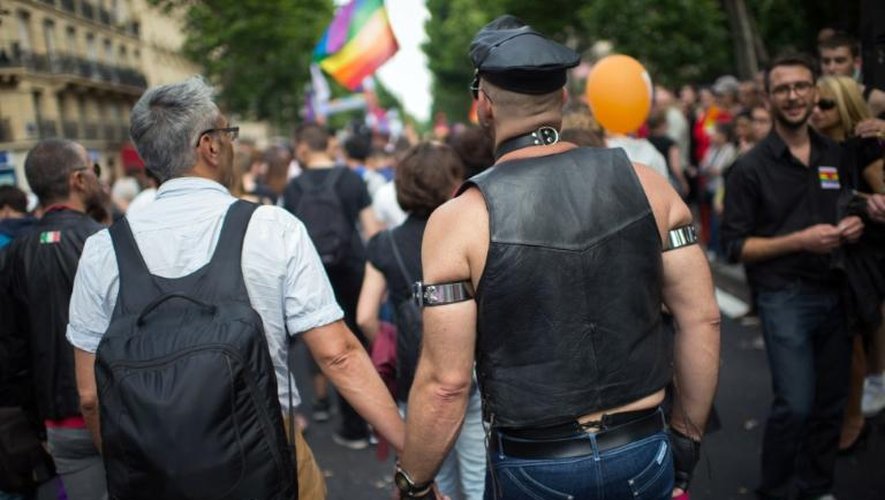Un couple homosexuel participe à la Gay Pride à Paris, le 29 juin 2013