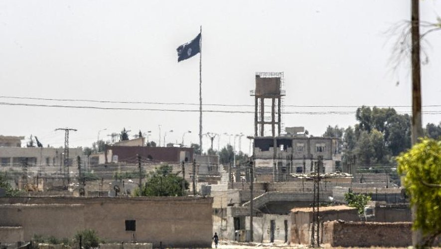 Photographie prise le 13 juin 2015 depuis la ville turque d'Alcakalé d'un drapeau de l'organisation Etat islamique flottant au dessus de la ville syrienne de Tal Abyad