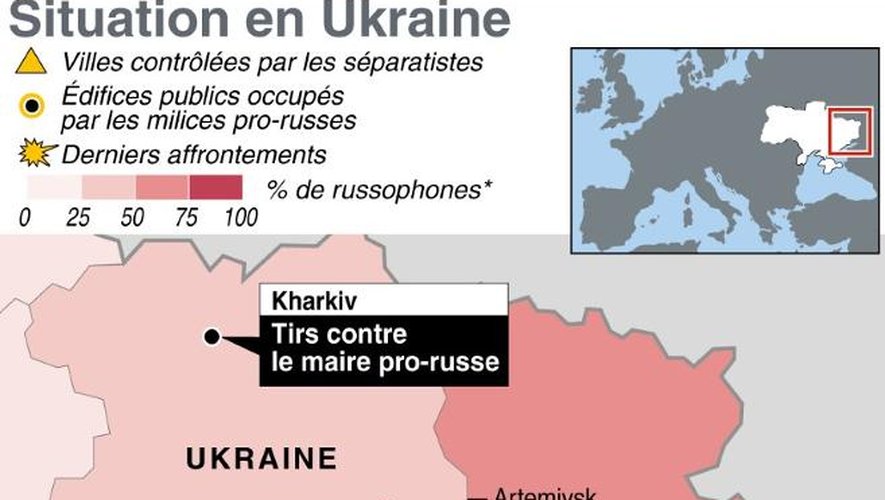 Carte de l'est de l'Ukraine avec les villes saisies ou partiellement occupées par les séparatistes pro-russes