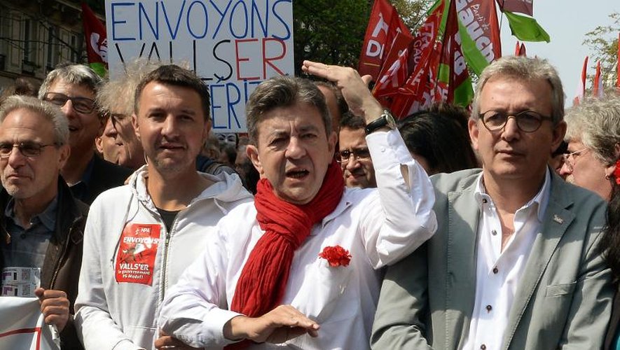 Olivier Besancenot, Jean-Luc Melenchon et Pierre Laurent lors d'une manifestation contre l'austérité le  12 avril 2014 à Paris