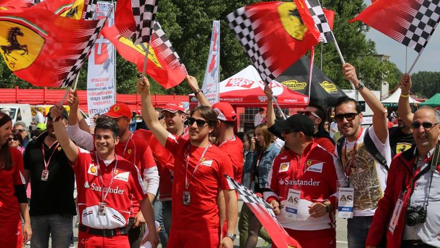 Des supporters de Ferrari agitent des drapeaux pour rendre hommage au Brésilien Ayrton Senna lors d'une cérémonie pour commémorer le  20e anniversaire de sa mort à Imola le 1er mai 2014