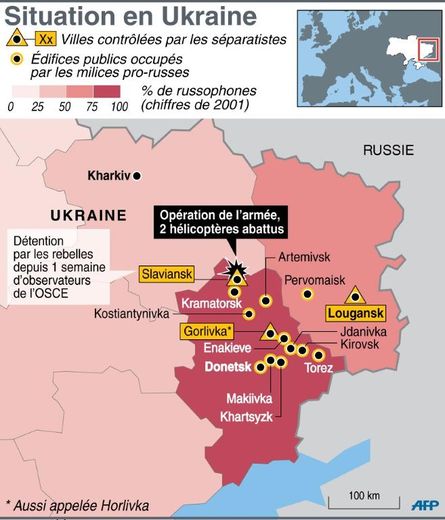 Carte  de l'Est de l'Ukraine montrant les actions des séparatistes pro-russes