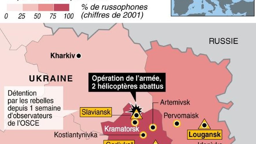 Carte  de l'Est de l'Ukraine montrant les actions des séparatistes pro-russes