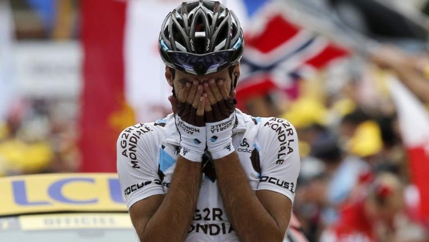 Le Français Christophe Riblon célèbre son succès dans la 18e étape du Tour de France, le 18 juillet 2013 à l'Alpe d'Huez