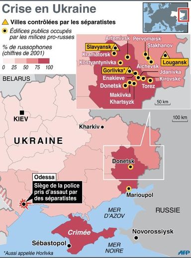 Carte de l'Ukraine des derniers évènements entre l'armée et les séparatistes pro-russes le 4 mai 2014