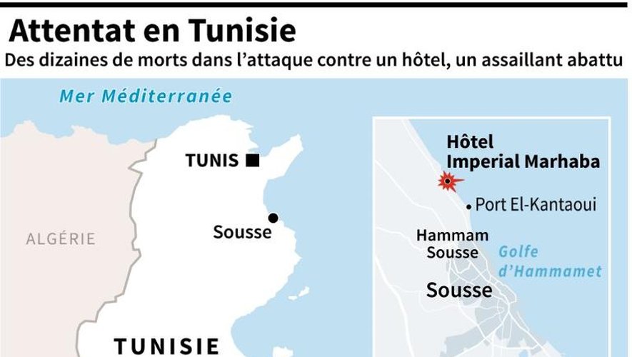 Carte de localisation de Sousse où des personnes ont été tuées vendredi dans une attaque contre un hôtel