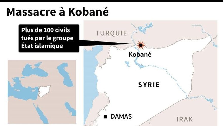 Carte de localisation de Kobané où plus de cent civils ont été tués par le groupe État islamique en deux jours