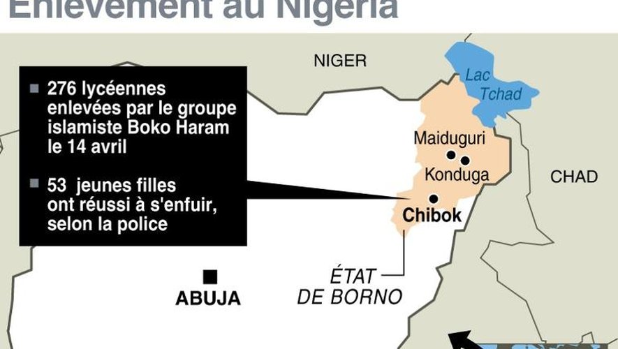 Carte de localisation de Chibok où 276 lycéennes avaient été enlevées le 14 avril par les islamistes Boko Haram