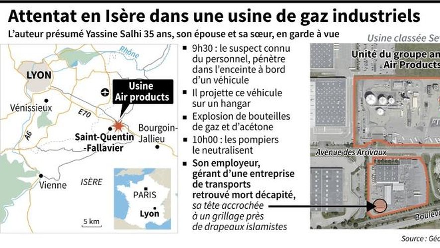 Carte de localisation de l'attentat à Saint-Quentin-Fallavier dans l'Isère et déroulé des évènements