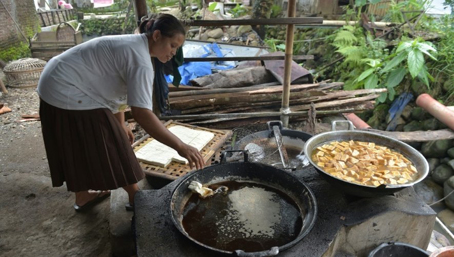 Une femme en train de frire du tofu dans le village de Kalisari, en Indonésie, le 31 mars 2016