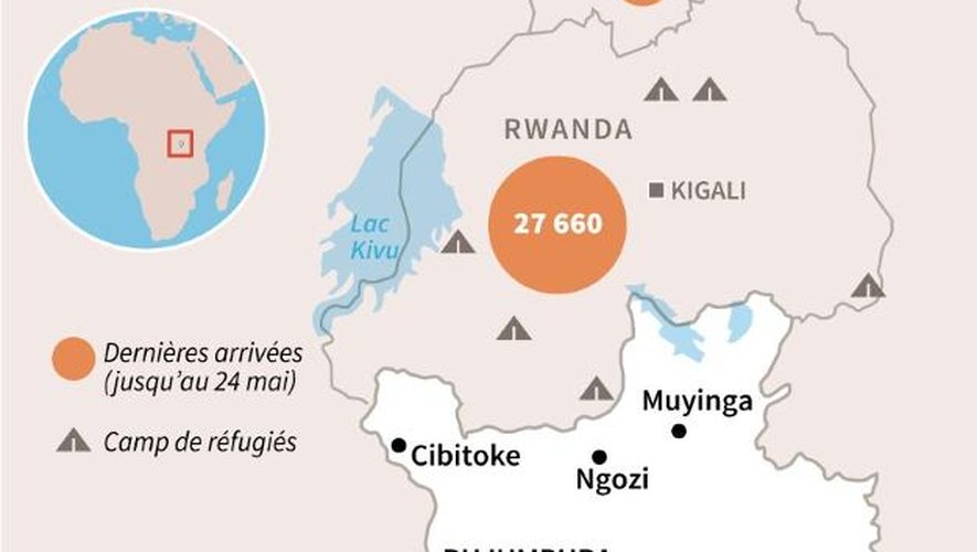 Carte du Burundi avec actualisation du nombre de réfugiés ayant fui les violences politiques de leur pays