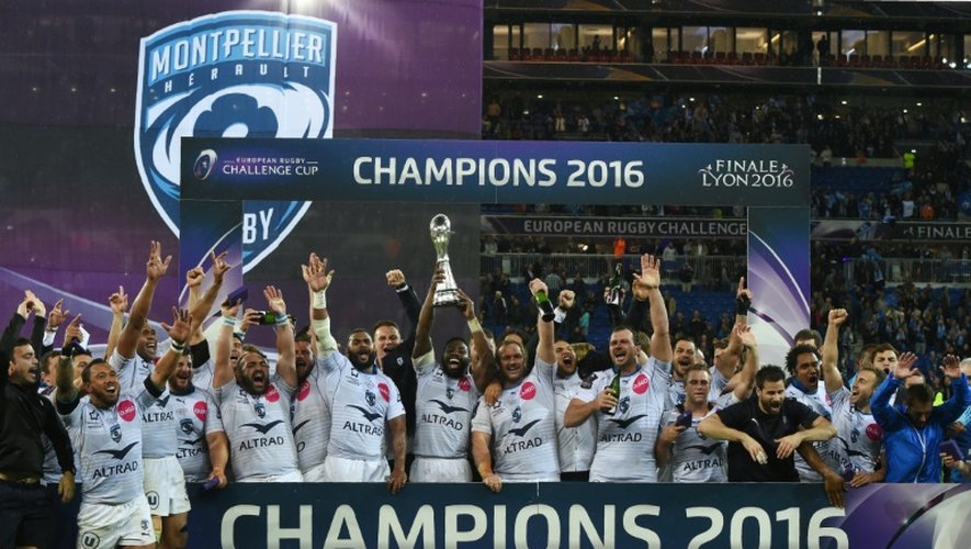 L'équipe Montpellier Hérault Rugby vcictorieuse du Challenge européen devant les Harlequins, le 13 mars 2016 au Parc OL