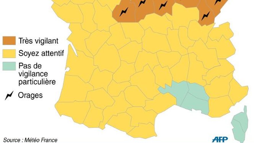 Carte de localisation des départements en alerte orange avec risques d'orages et vigilance canicule