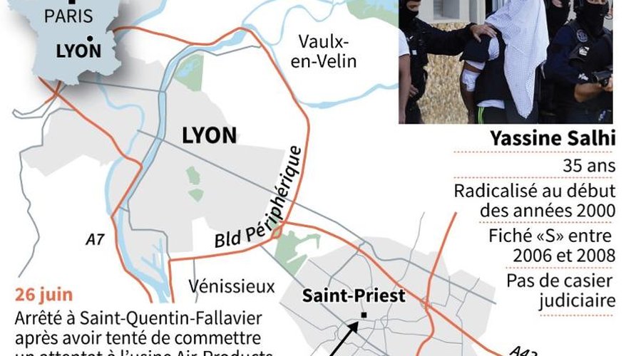 Carte de localisation du domicile de Yassine Salhi, qui a reconnu avoir décapité son patron