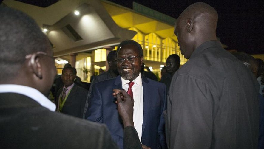 Riek Machar (c), l'ancien vice-président sud soudanais, accueilli par une délégation sud-soudanaise à l'aéroport d'Addis Ababa le 8 mai 2014