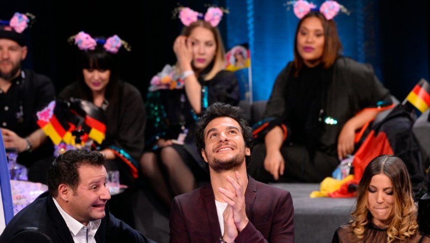 Amir (c), représentant de la France au concours de l'Eurovision, le 14 mai 2016 à  Stockholm