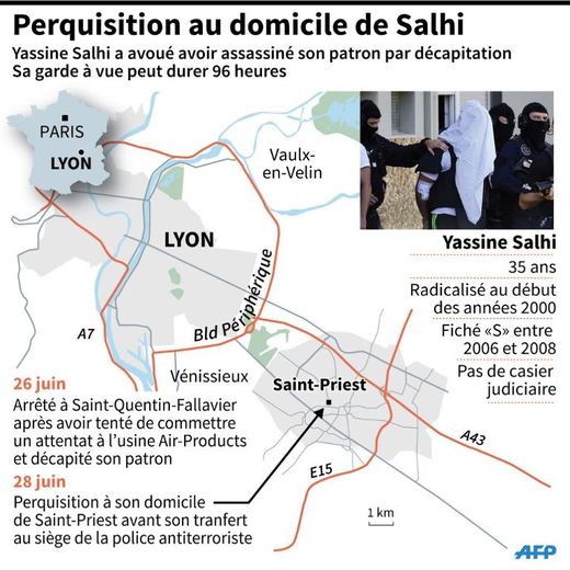 Carte de localisation du domicile de Yassine Salhi, qui a reconnu avoir décapité son patron