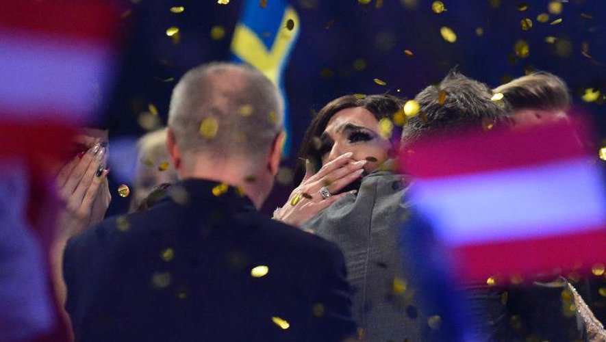 Conchita Wurst émue à l'annonce des résultats de l'Eurovision le 10 mai 2014 à Copenhague