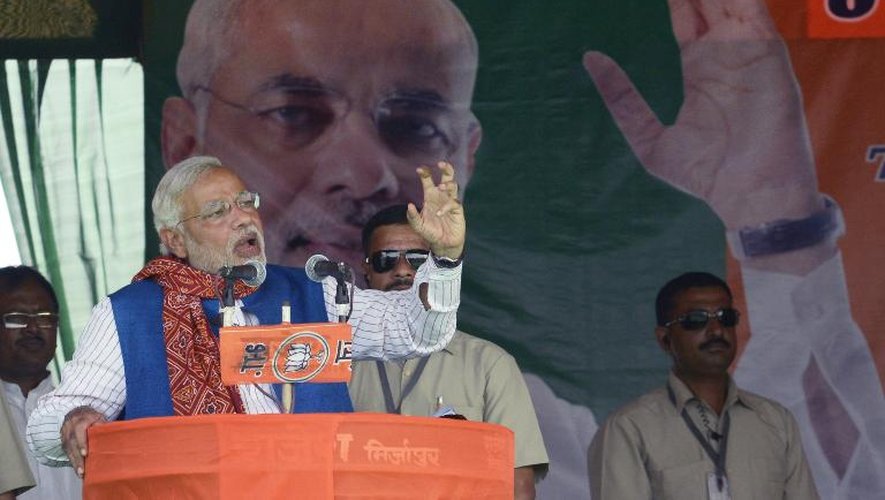 Le chef de la droite nationaliste Narendra Modi, le 9 mai 2014 à lors d'un meeting dans l'état d'Uttar Pradesh, en Inde