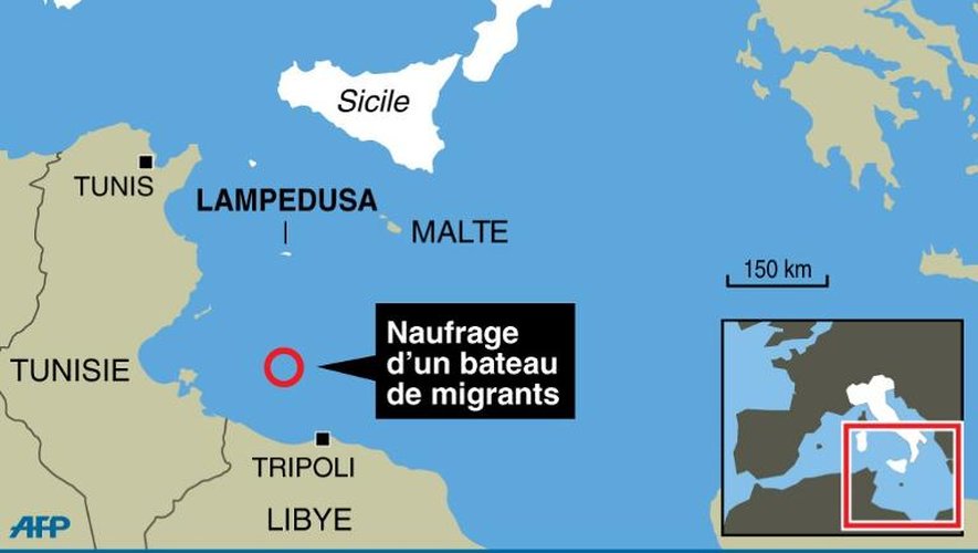 Carte de localisation du naufrage d'un bateau de migrants au large de la Libye