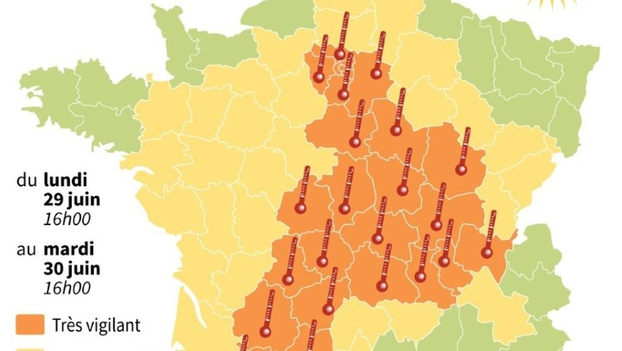 Carte de France avec les départements en vigilance orange canicule