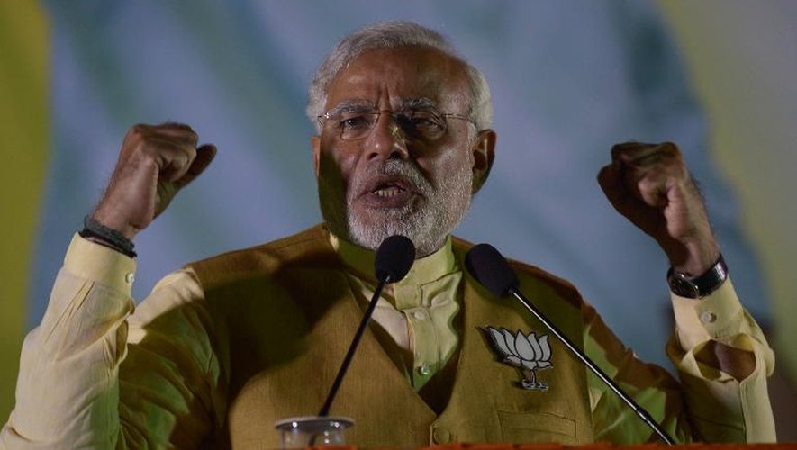 Le chef de la droite nationaliste Narendra Modi, le 7 mai 2014, lors d'un meeting dans l'Etat du Gujarat, en Inde