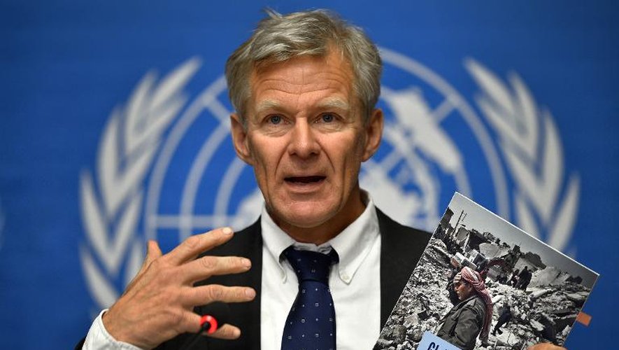 Le dirigeant du Conseil norvégien des réfugiés Jan Egeland présente le rapport annuel du Centre de surveillance des personnes déplacées, le 14 mai 2014 à Genève