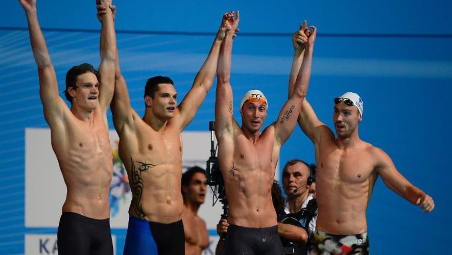 Le relais 4x100 m nage libre français , sacrés champions du monde à Barcelone, le 28 juillet 2013