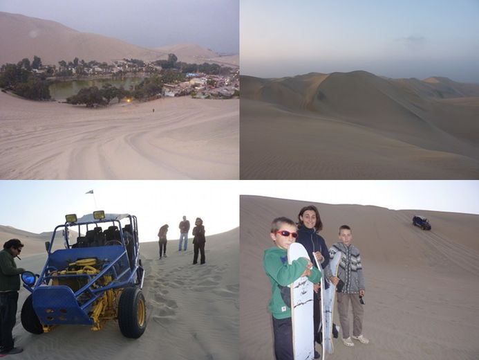 Anne-Paule, Hugo et Rémy dans les dunes non loin de la Lagune de Huacachina, au Pérou.
