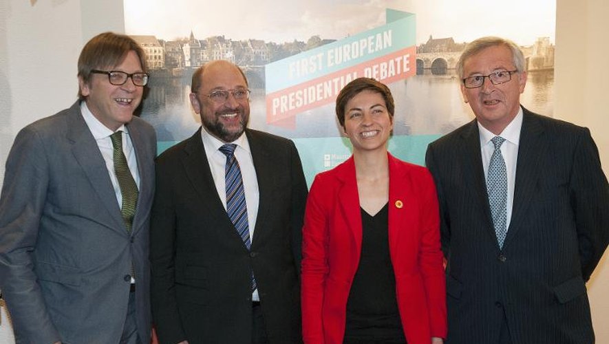 -Guy Verhofstadt, Martin Schulz, Ska Keller Keller et Jean-Claude Juncker le 28 avril 2014 avril à Maastricht
