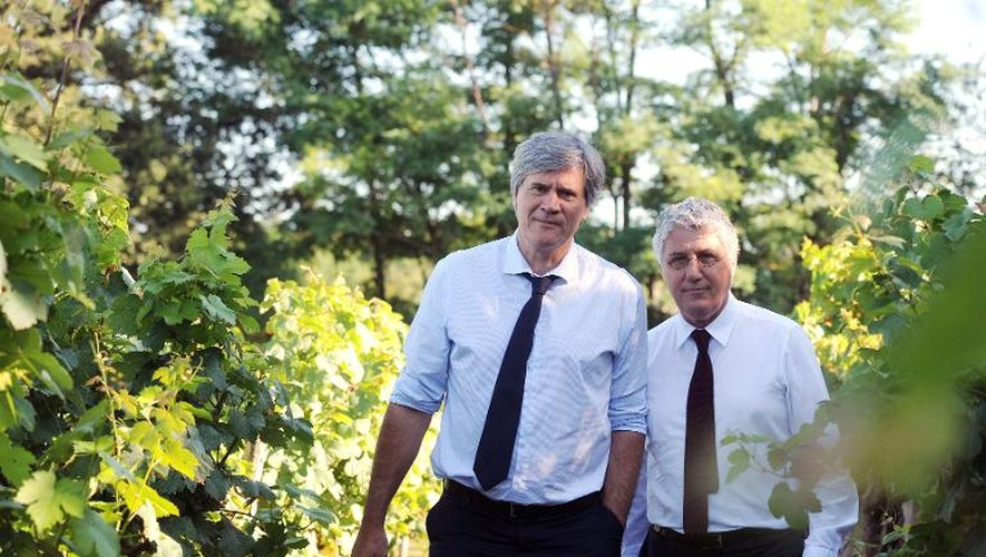 Les ministres de l'Agriculture Stéphane Le Foll et de l'Ecologie Philippe Martin dans le vignoble de Sarragachies le 30 juillet 2013