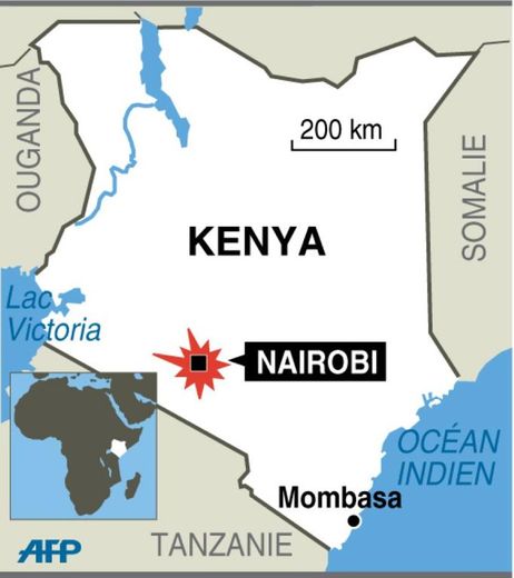 Carte du Kenya localisant Nairobi où une explosion a fait plusisuers morts sur un marché et Monbasa