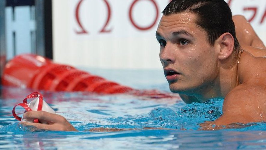 Florent Manaudou à l'issue de sa série sur 50 m nage libre, le 2 août 2012 aux Mondiaux de natation de Barcelone.