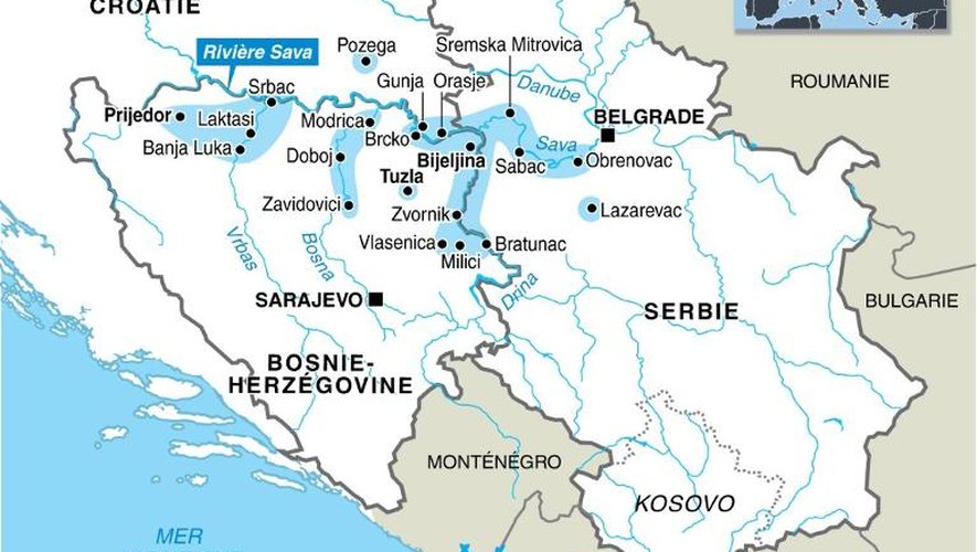 Carte des villes les plus touchées par les inondations en Serbie, Bosnie et Croatie