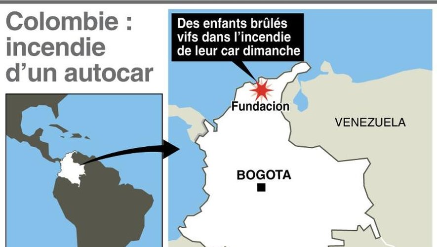 Carte de localisation de l'incendie d'un autocar transportant des enfants en Colombie dimanche