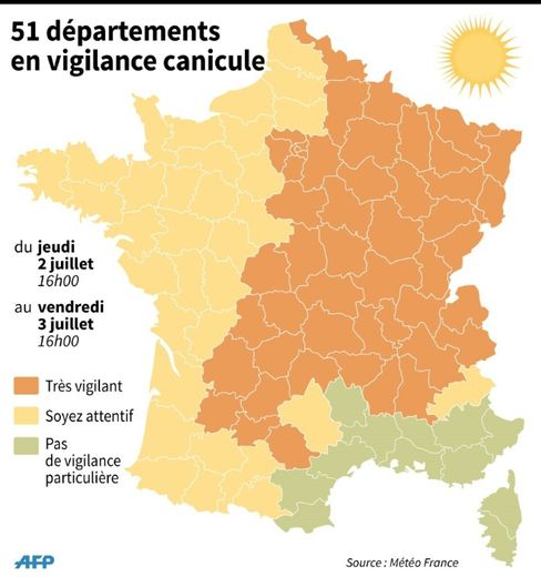 Carte de France avec les départements en vigilance orange canicule vendredi