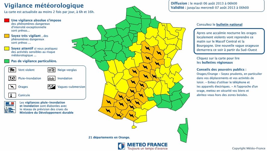 La carte de vigilance publiée par Météo France.