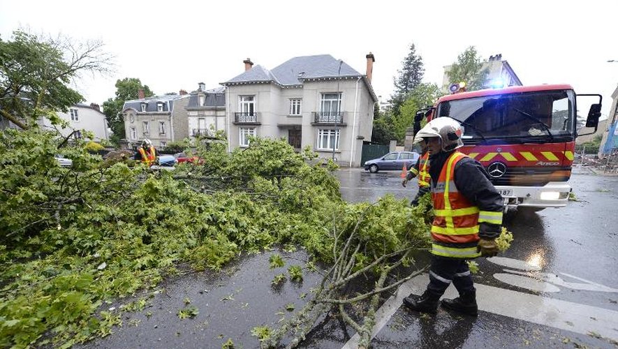Les pompiers dégagent une route après la chute d'un arbre suite à de violentes intempéries, le 21 mai 2014 à Limoges