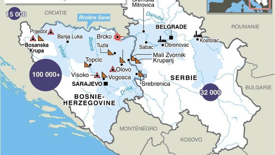 Carte de localisation des inondations et des risques liés aux mines dans les Balkans
