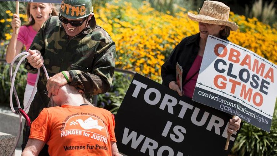 Des militants protestent contre les méthodes employées à la prison de Guantanamo pour nourrir les détenus de force, le 30 juillet 2013 à Washington