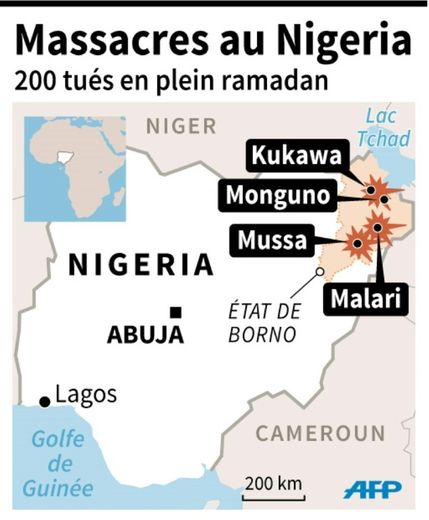 Carte de localisation des violences de ces 36 dernières heures au Nigeria perpétrées par Boko Haram