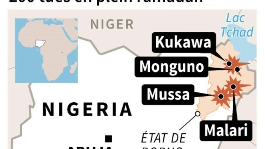 Carte de localisation des violences de ces 36 dernières heures au Nigeria perpétrées par Boko Haram