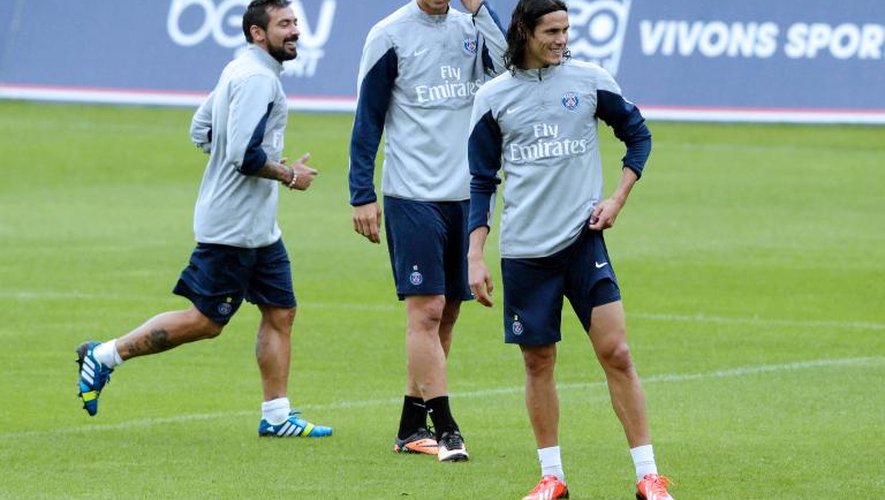 Les joueurs du PSG, Ezequiel Lavezzi, Zlatan Ibrahimovic et Edinson Cavani, le 7 août 2013 à l'entraînement à Clairefontaine