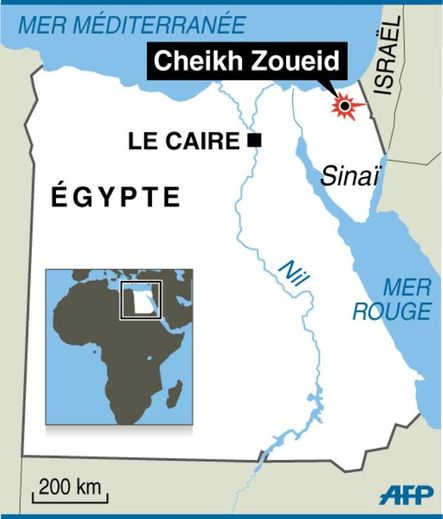 Carte de localisation de Cheikh Zoued où au moins 8 islamistes ont été tués dans des raids aériens au nord du Sinaï